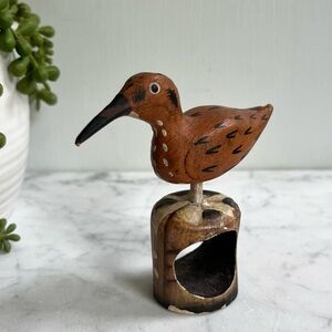 Carved Wooden Bird Figurine with Painted Accents